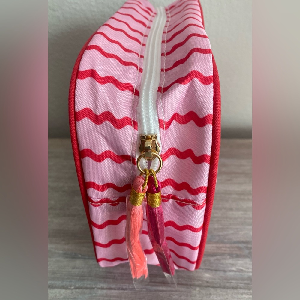 Pink Red Squiggly-Striped Boutique Fabric Zip Cosmetic Bag Tote Makeup Organizer - Picture 3 of 6